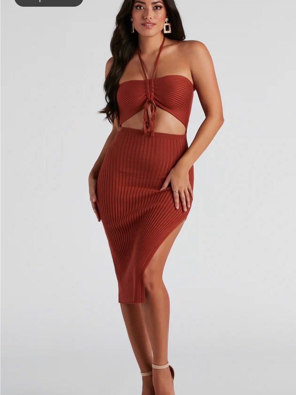 Topshop Rust Tie-Front Ribbed Midi Dress